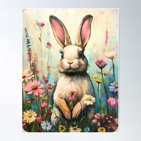 Bunny With Spring Fever In A Field Of Flowers Poster Wall Art, Modern Wall Decor For Living Room Bedroom, 8x12 UNFRAMED