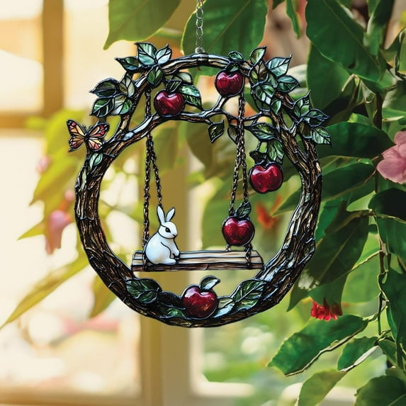 Bunny and Apple Tree Suncatcher, Acrylic Window Hanging with Swing and Butterfly, Cottagecore Woodland Decor for Nature Lovers