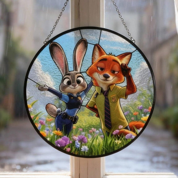 Bunny and Fox Window Hanging Glass Suncatcher, Cartoon Character Decor, Kids for Movie Fans, 6.3 in