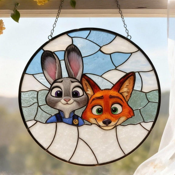 Bunny and Fox Window Hanging Glass Suncatcher v2, Cartoon Character Decor, Kids for Movie Fans, 7.9 in