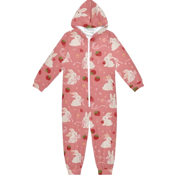 Bunny and Strawberry One Piece Pajamas Soft Jumpsuit Cozy Sleep and Play Romper Zipper and Pockets 12-13Y