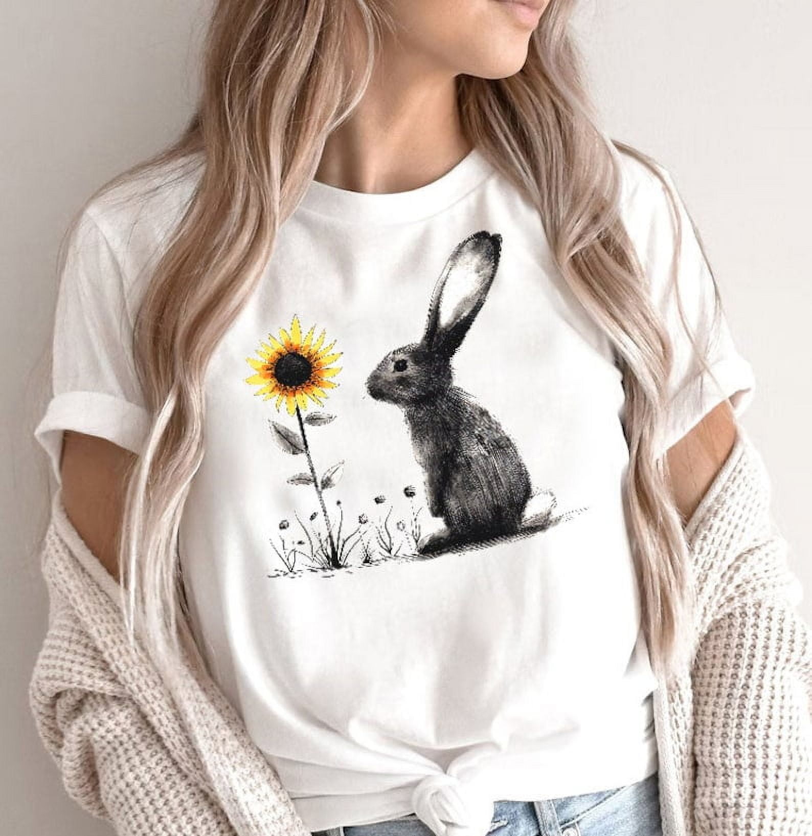 Bunny and Sunflower Shirt, Floral Rabbit T-Shirt, Sunflower Tee, Women ...