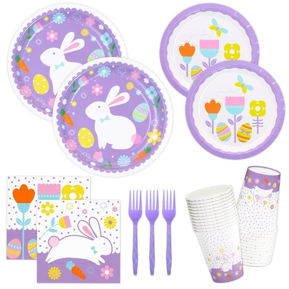 Bunny birthday Party Supplies Bunny Hop Disposable Tableware Set 9" Paper Plates 7" Dessert Plates 3 Ply Luncheon Napkins Cups Forks for Kids Rabbit Hop Party Spring Decorations, Serve 24 VT4