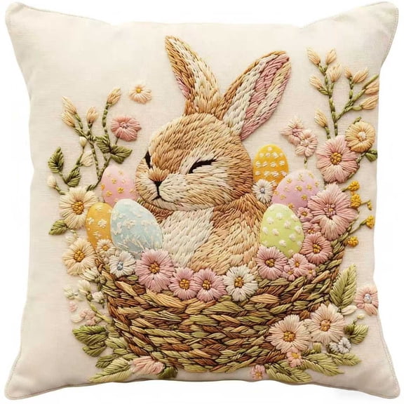 Bunny decorations, decorative Pillow Covers, 16X16 in, Vintage Floral Pillow Covers, Embroidered Linen, Easter Holiday, Soft Hues, Sofa Accent, 1 Pc