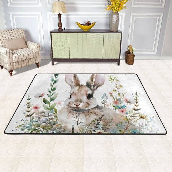 Bunny in Floral Flowers Rabbit Area Rug Washable 72 x 48 Floor Carpet Mat Non Slip for Bedroom Living Room Kids Room Home Decor