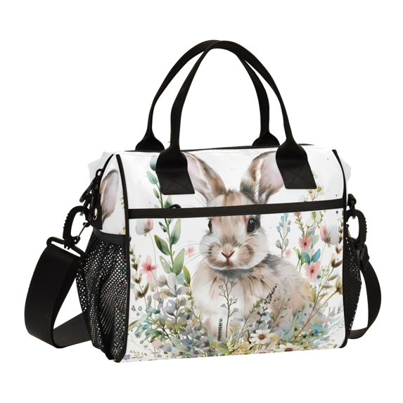 Bunny in Floral Flowers Rabbit Cooler Bag Lunch Bag Soft Cooler Cooling Tote Insulated Lunch Box for Adult Men Women