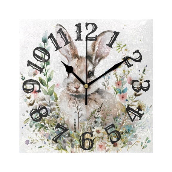 Bunny in Floral Flowers Rabbit Wall Clock Square Silent Non Ticking Battery Operated Clock for Home Bathroom Kitchen Bedroom Living Room