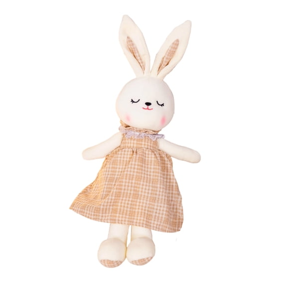 Bunny in Plaid Gingham Dress Plush, Soft Long Ear Rabbit Stuffed Animal Toy for Girls Beige