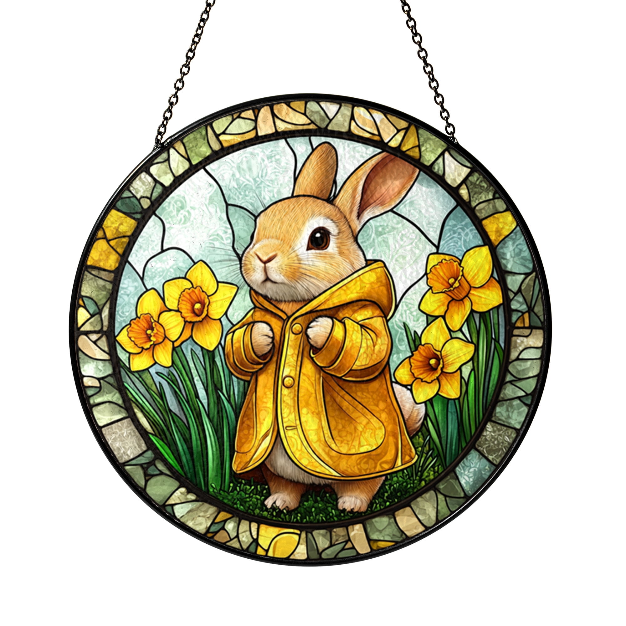 Bunny in Yellow Raincoat Stained Glass Round Suncatcher – Cute Rabbit ...