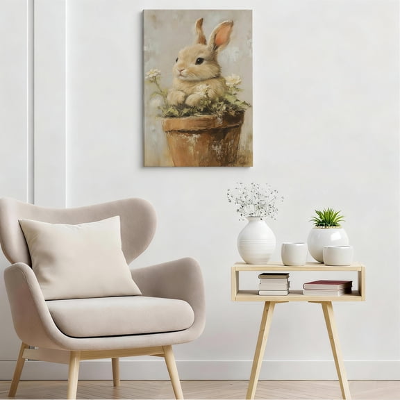"Bunny in a Pot" Framed Canvas Wall Art - Whimsical Nursery Decor - Fine Art for Kids' Room, Bedroom, and Sunroom 8*12inch(20*30cm)