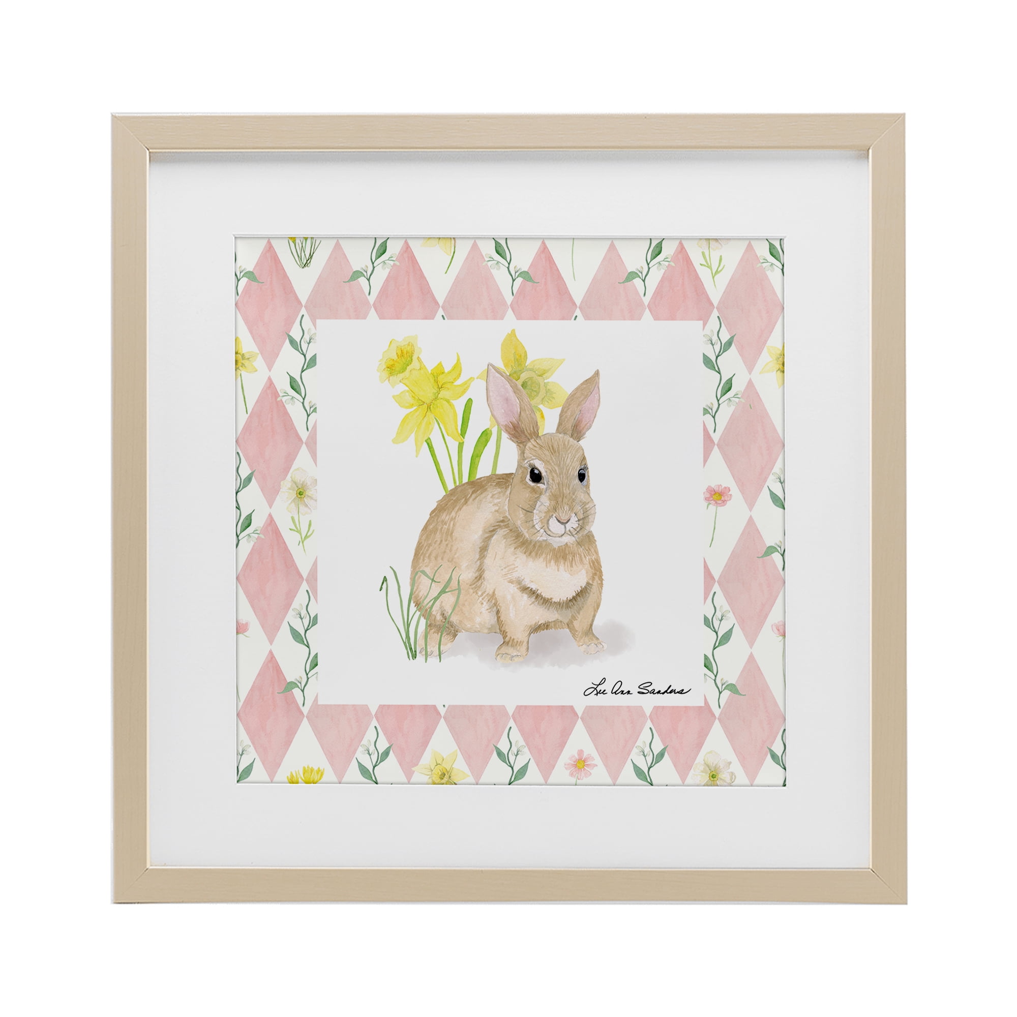 Bunny on Pink Argyle Birch Framed Print Under Glass, design by Lee Ann Sanders
