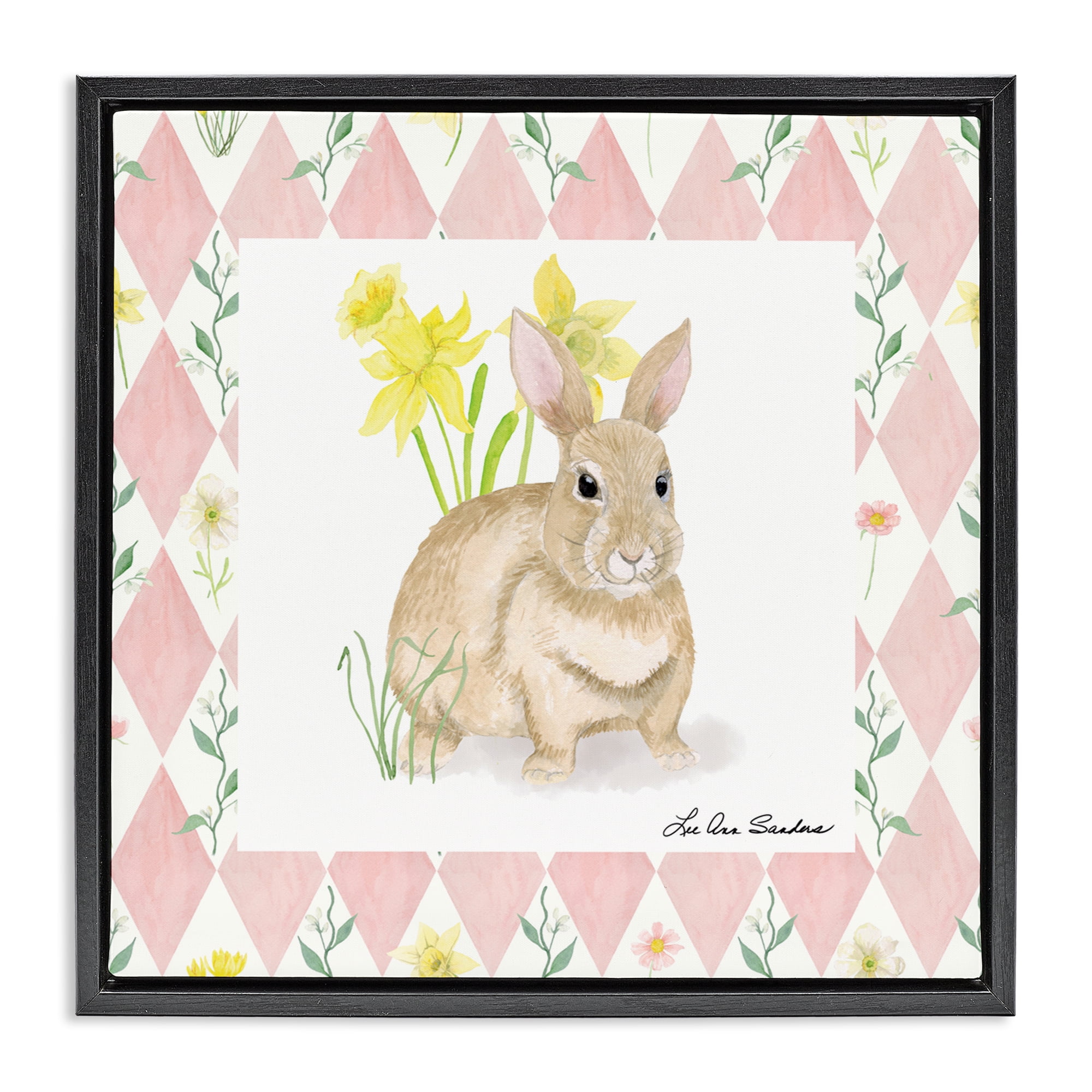 Bunny on Pink Argyle Black Framed Floater Canvas Wall Art, design by Lee Ann Sanders