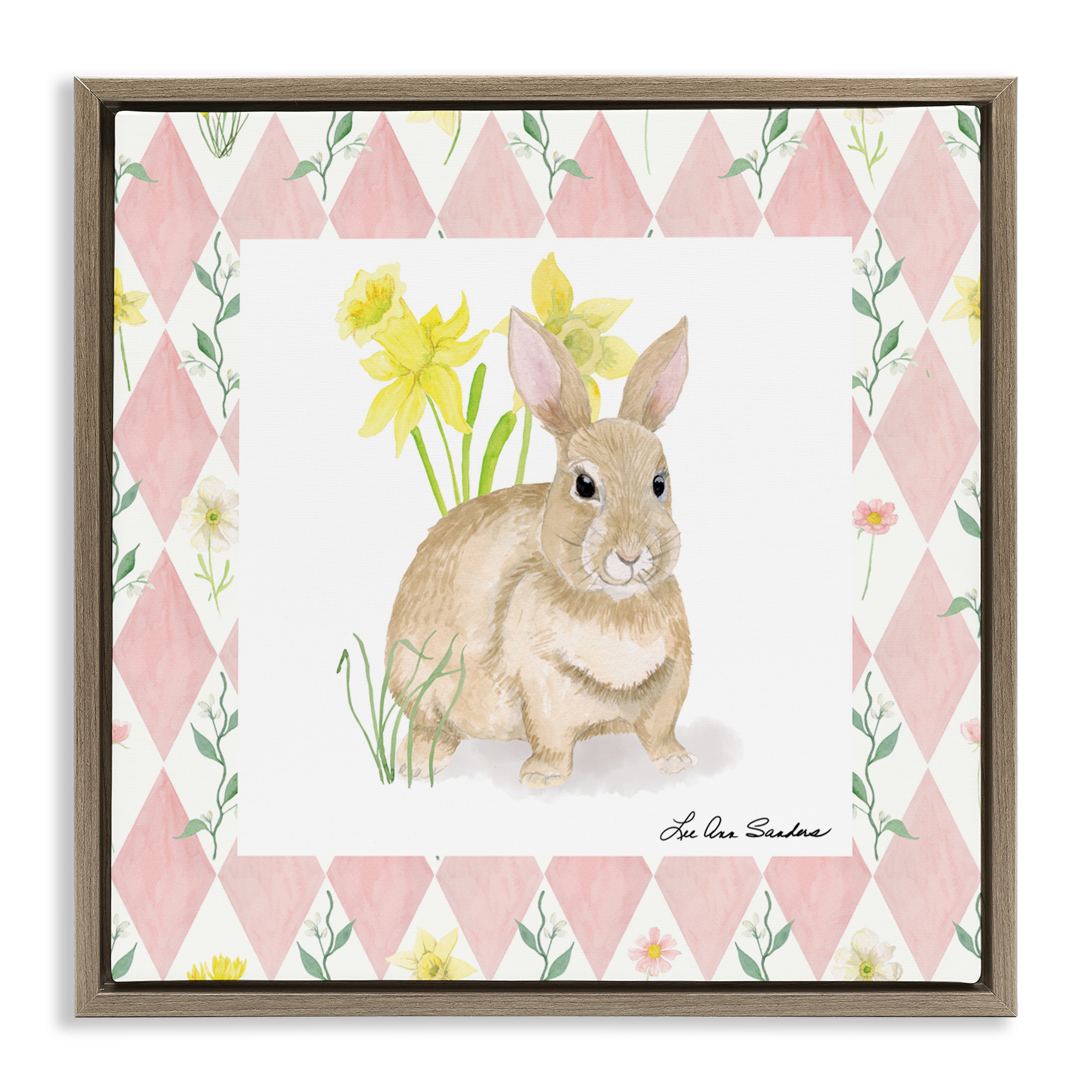 Bunny on Pink Argyle Brown Framed Floater Canvas Wall Art, design by Lee Ann Sanders