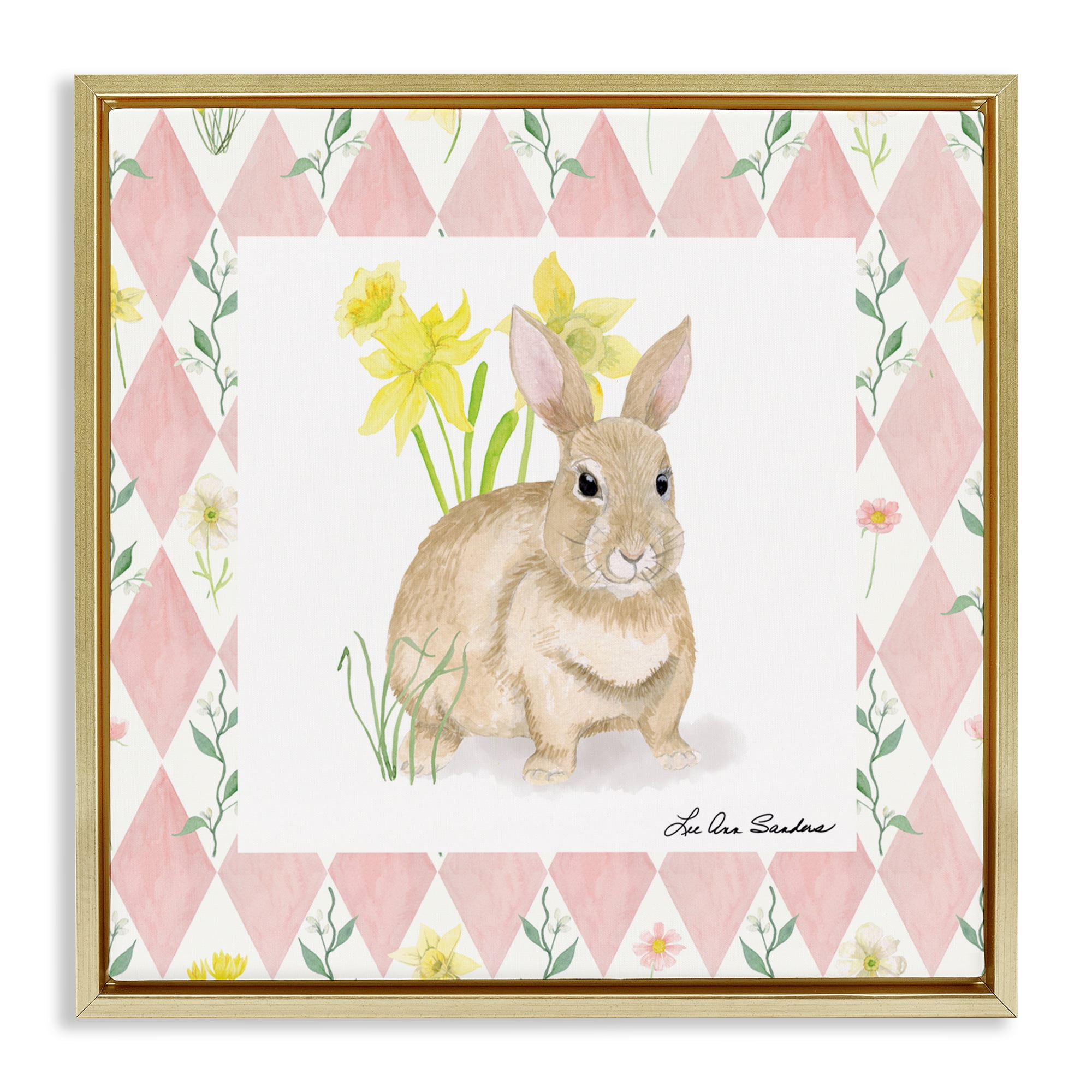 Bunny on Pink Argyle Gold Framed Floater Canvas Wall Art, design by Lee Ann Sanders