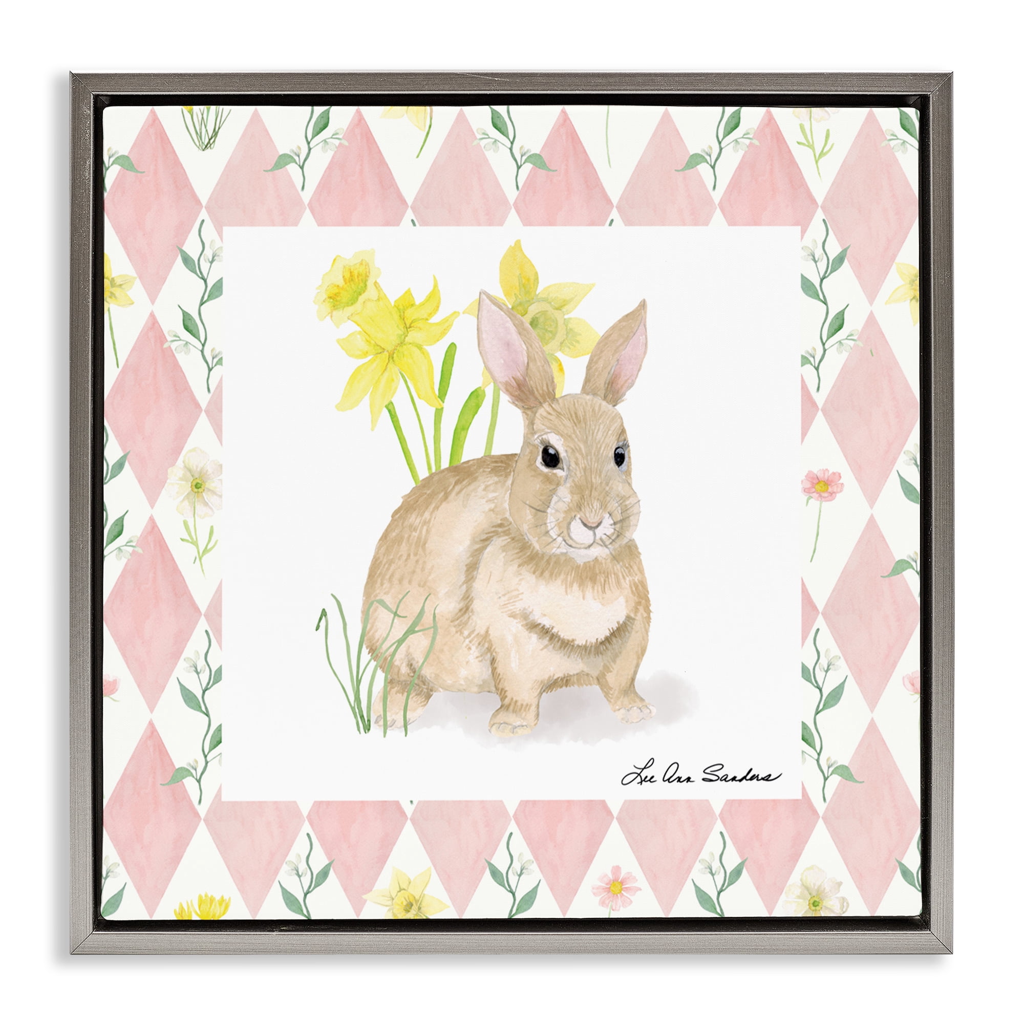 Bunny on Pink Argyle Gray Framed Floater Canvas Wall Art, design by Lee Ann Sanders