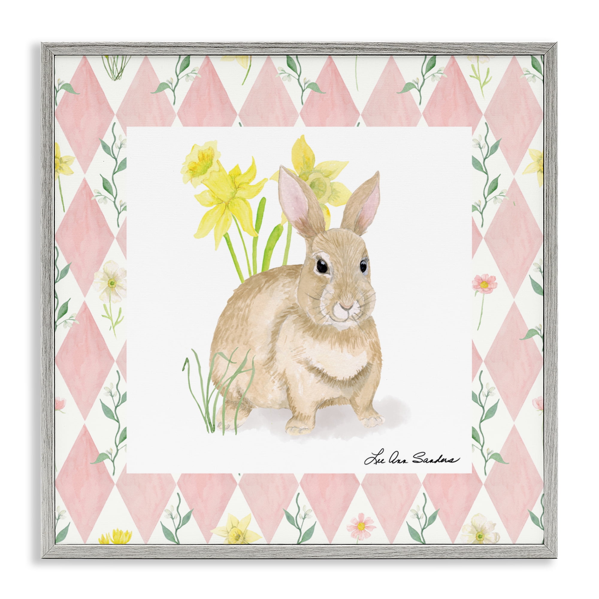Bunny on Pink Argyle Gray Framed Giclee Art, design by Lee Ann Sanders