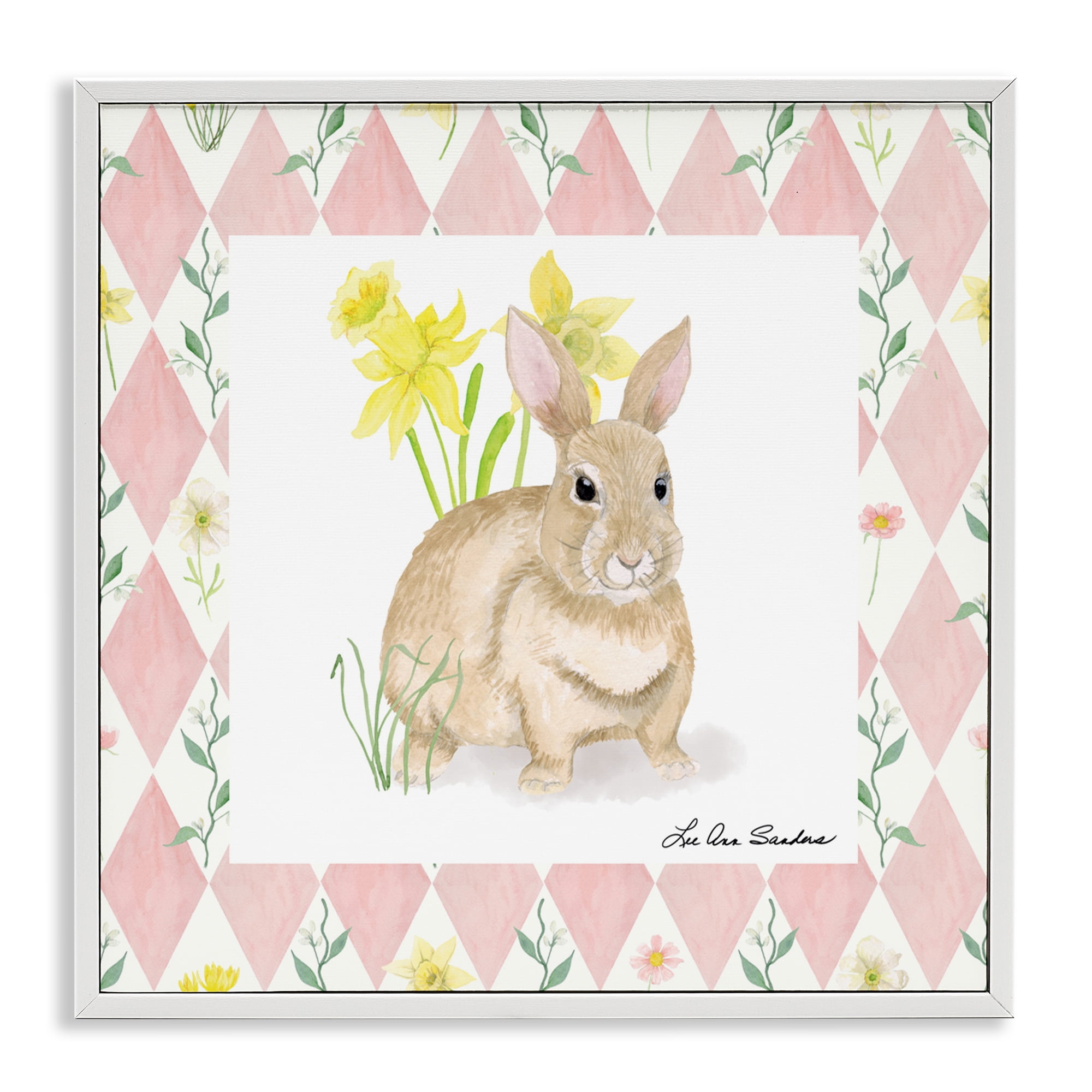 Bunny on Pink Argyle White Framed Giclee Art, design by Lee Ann Sanders