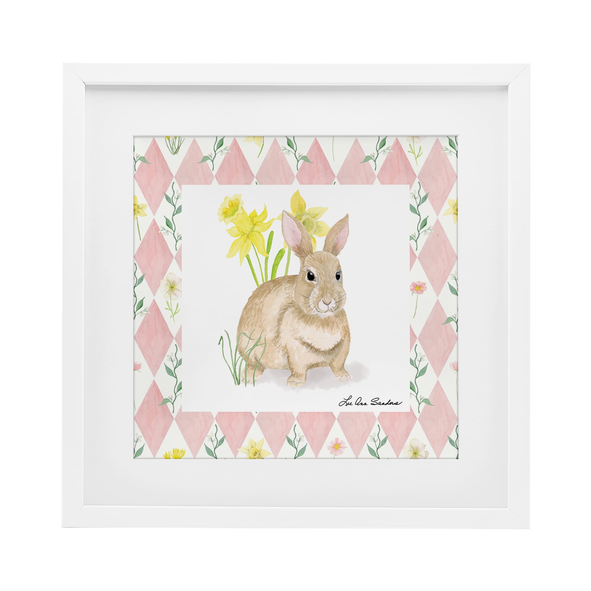 Bunny on Pink Argyle White Framed Print Under Glass, design by Lee Ann Sanders