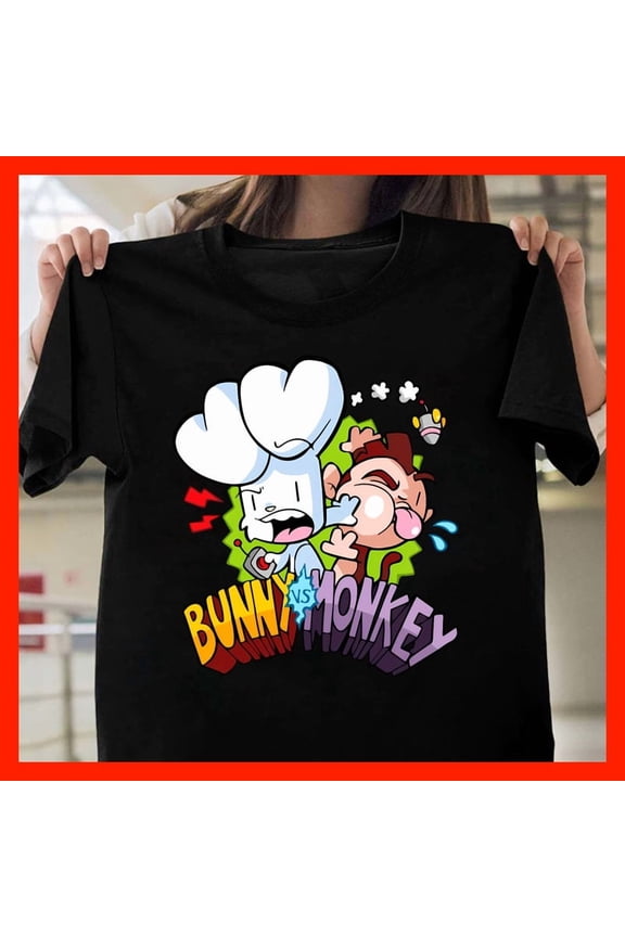 Bunny vs Monkey Cartoon T-Shirt - Funny Animated Character Tee - Cute Chef Rabbit & Monkey Graphic Shirt G324, for Unisex, Extended Sizes Up to 5XL
