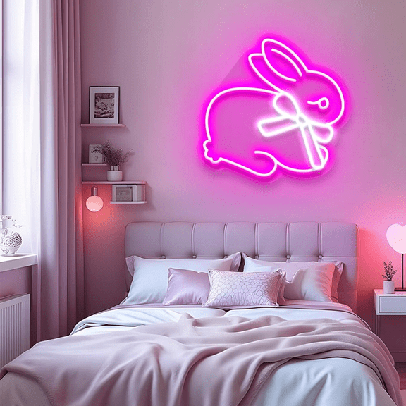 Bunny with Bow Neon Sign, Pink LED Wall Art for Bedroom Decor, Flexible Neon Light for Wedding Living Room, Cute Gift for Girls Women