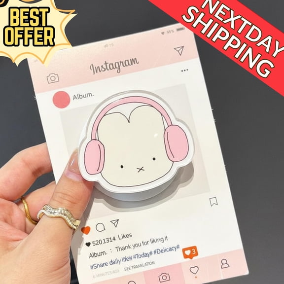 Bunny with Headphones MagSafe Phone Grip Cute Kawaii Bunny in Pink Headphones GripTok, Magnetic Phone Holder for Animal Lovers