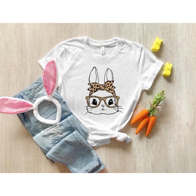 Bunny with Leopard Glasses, Easter Unisex Comfort Tee T Shirt, Color