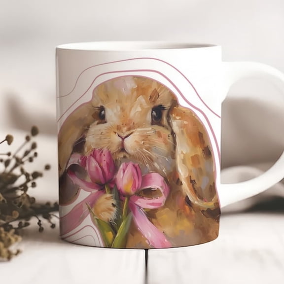 Bunny with Tulips Mug Spring Easter Ceramic Mug.
