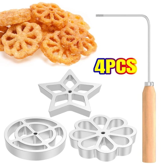 4 Piece Bunuelos Mold with Handle Cooking Stamp Maker Kit Cookie Cutter Waffle Maker with 3 Interchangeable Head Star Flower Circle for Kitchen Baking