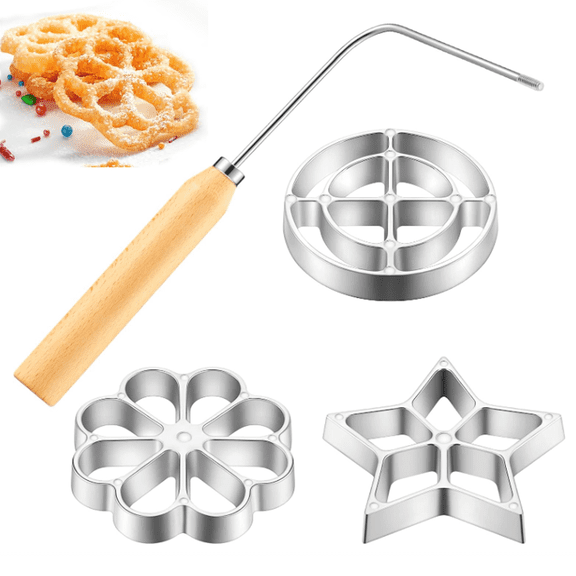 Bunuelos Mold with Handle, Swedish Rosette Maker Timbale Rosettes Cookie Mold Aluminum Waffle Mold Set with 3 Interchangeable Heads