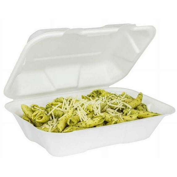 Bunzl White Hoagie Hinged Bagasse Container -- 250 per case.
