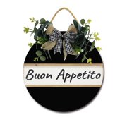 Buon Appetito Sign Farmhouse Wood Sign Front Porch Decor Rustic Wooden Sign Wall Decor Hanging Wooden Decorations with Bow-Knot for Home Porch Wall Door, 11 x 11 inch