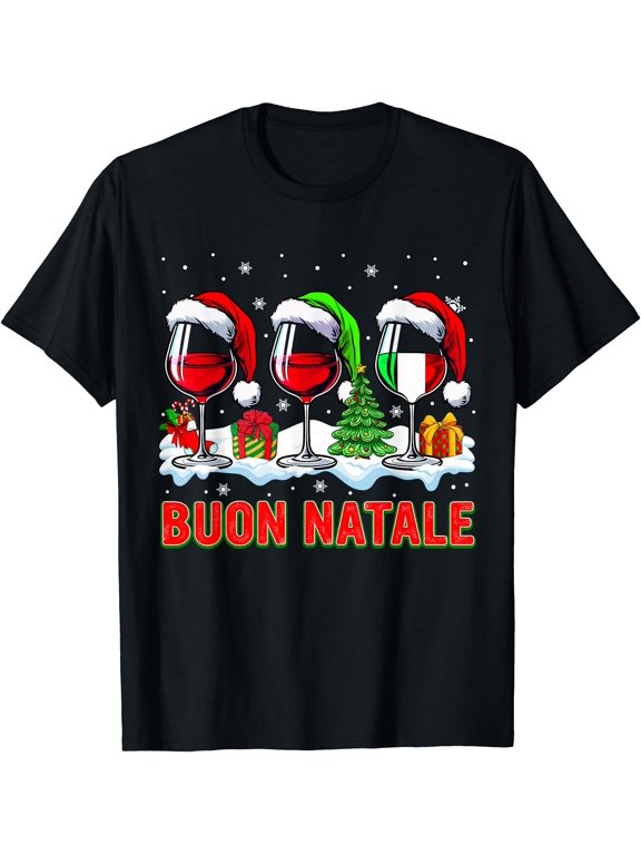 Buon Natale Merry Christmas Italian Three Santa Wine Glasses T T-Shirt