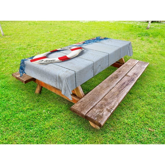 Buoy Outdoor Tablecloth, Welcome on Board Message on Lifebuoy with Fishing Net Seashell Wood Floor of Boat, Decorative Washable Fabric Picnic Tablecloth, 58 X 120 Inches, Dust Blue Red, by Ambesonne