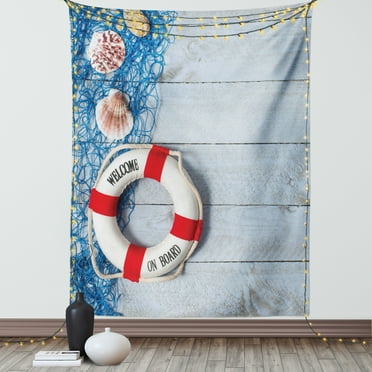 Buoy Tapestry, Welcome on Board Message on Lifebuoy with Fishing Net Seashell Wood Floor of Boat, Wall Hanging for Bedroom Living Room Dorm Decor, 60W X 80L Inches, Dust Blue Red, by Ambesonne