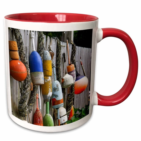 3drose, Buoys Hanging on Fence, Eastham, Cape Cod, Massachusetts, Usa., 11oz Two-tone Red Mug
