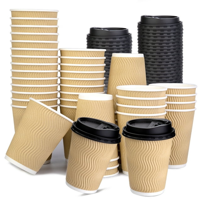 Bupete 12oz Disposable Coffee Cups with Lids(40 Pack), Corrugated 12oz