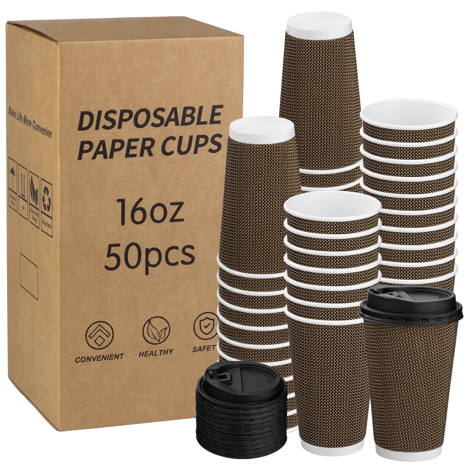 Bupete 16oz Disposable Coffee Cups with Lids(50 Pack), Corrugated 16oz