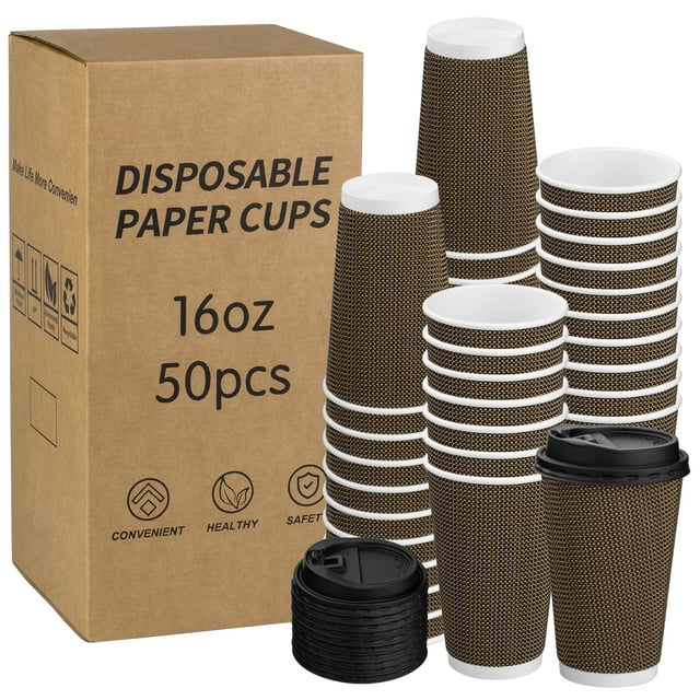 Bupete 16oz Disposable Coffee Cups with Lids(50 Pack), Corrugated 16oz