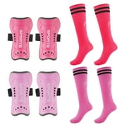 Buquapse 2 Pairs Kids Soccer Shin Guards with Socks, Shin Pads and Long Soccer Socks for 3-15 Years Youth Boys and Girls, Lightweight and Breathable Soccer Protection Equipment(Pink + Rose Red)