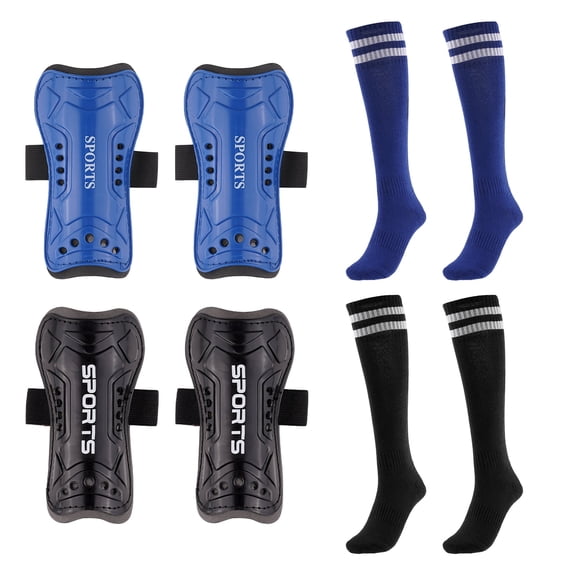 Buquapse 2 Pairs Kids Soccer Shin Guards Set, Shin Pads and Long Soccer Socks for Boys & Girls Ages 3-15, Breathable & Lightweight Protective Soccer Gear(Black + Blue)