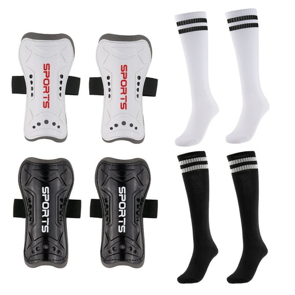 Buquapse 2 Pairs Kids Soccer Shin Guards with Socks, Shin Pads and Long Soccer Socks for 3-15 Years Youth Boys and Girls, Lightweight and Breathable Soccer Protection Equipment(Black + White)