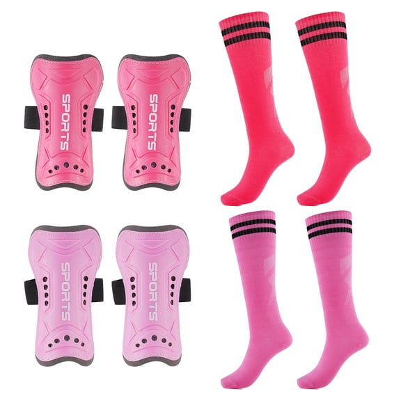Buquapse 2 Pairs Kids Soccer Shin Guards with Socks, Shin Pads and Long Soccer Socks for 3-10 Years Youth Boys and Girls, Lightweight and Breathable Soccer Protection Equipment(Pink + Rose Red)