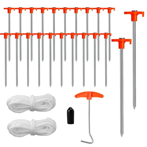 Buquapse 22Pcs Tent Stake Heavy Duty, 7.1inch Non-Rust Metal Tent Pegs with Spikes Puller, 2* 10ft Ropes, Ground Stakes Tent Spikes for Camping Patio, Garden, Canopies, Grassland, Outdoor, Orange