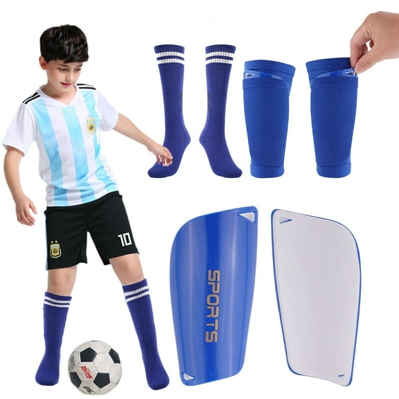 Buquapse Kids Soccer Shin Guards, Shin Pads Set with Shin Sleeves and Soccer Socks for 5-12 Boys Girls Teens, Lightweight Soccer Shin Pads with Ankle Protection Protective Football Equipment (Blue)