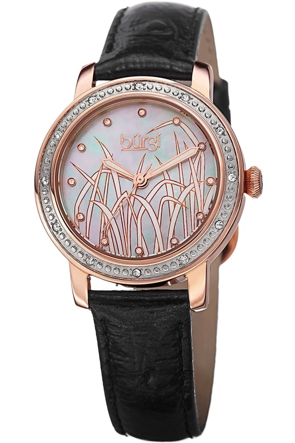 Bur096rg Women's Diamond Black Gen Leather Mother Of Pearl Dial Rose-Tone Ss Watch