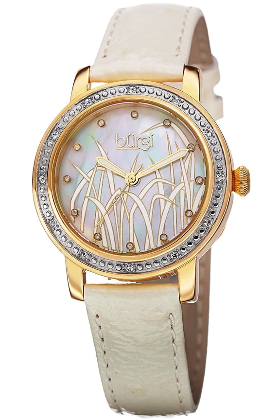 Bur096ygw Women's Diamond White Gen Leather Mother Of Pearl Dial Gold-Tone Ss Watch