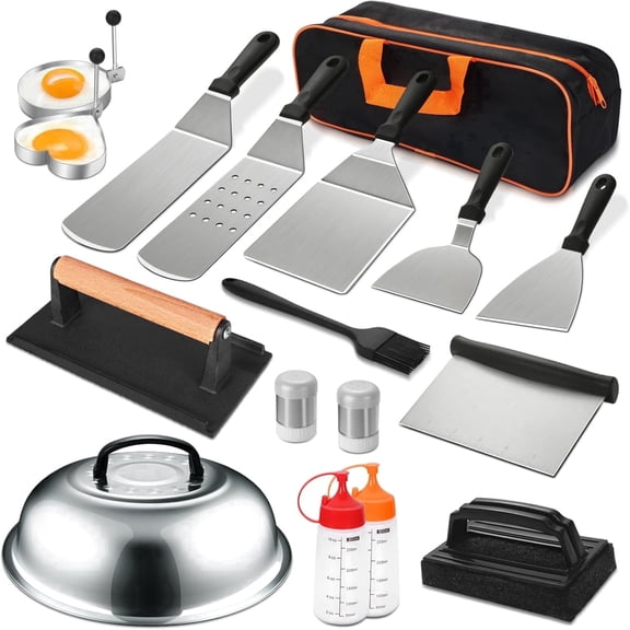 18PCS Griddle Accessories Kit, Flat Top Grill Accessories Set, Grill Spatula Set with Enlarged Spatulas, Basting Cover, Scraper for BBQ Idel Gift