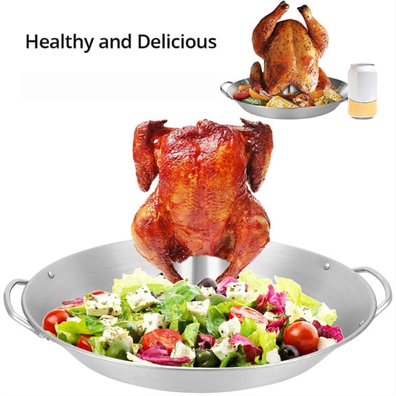 Buraster Beer Can Chicken Holder, 12 Inch Stainless Steel Grill, BBQ Roaster Cooker Stand Vertical Grilling Accessories Rack for Vegetables Basket Large Size Round Pan