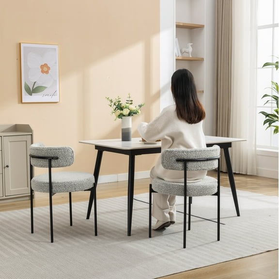 Burbank Modern Boucle Dining Chairs Set (2), Black & White, Round Design, for Dining Room. Comfortable, Textured Fabric, Iron Legs. Stylish, Durable.