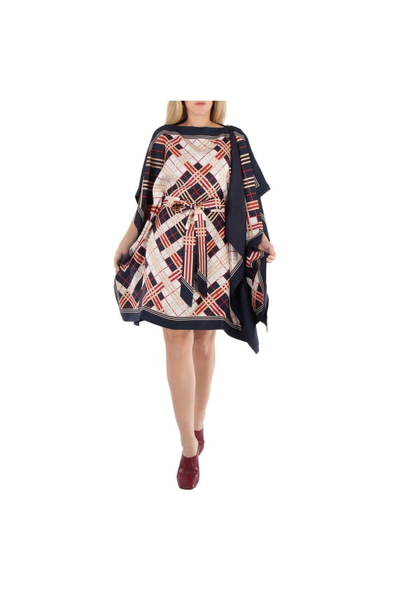 Abstract Check Print Silk Belted Cape